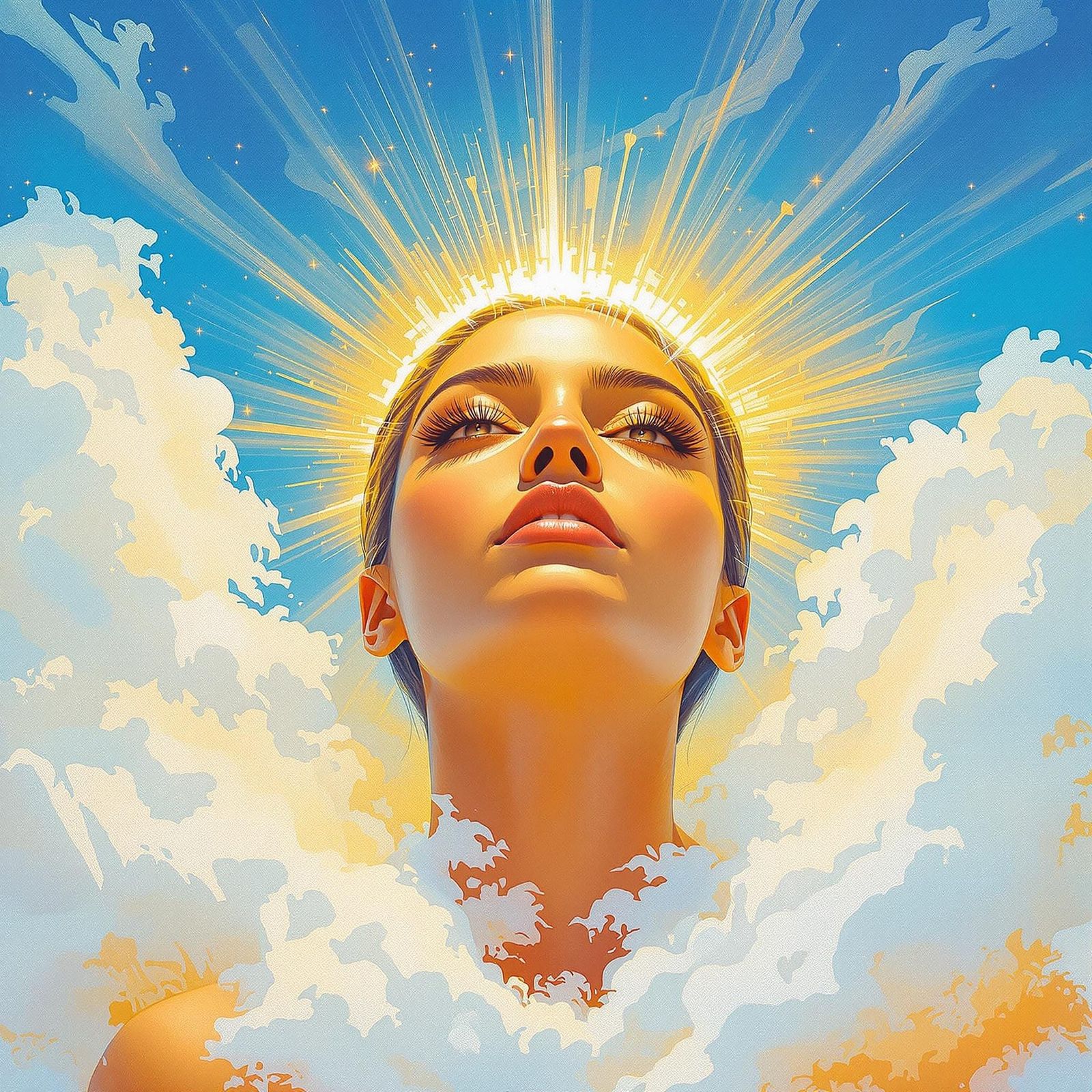 Confident Goddess Radiates Strength Under Golden Skies