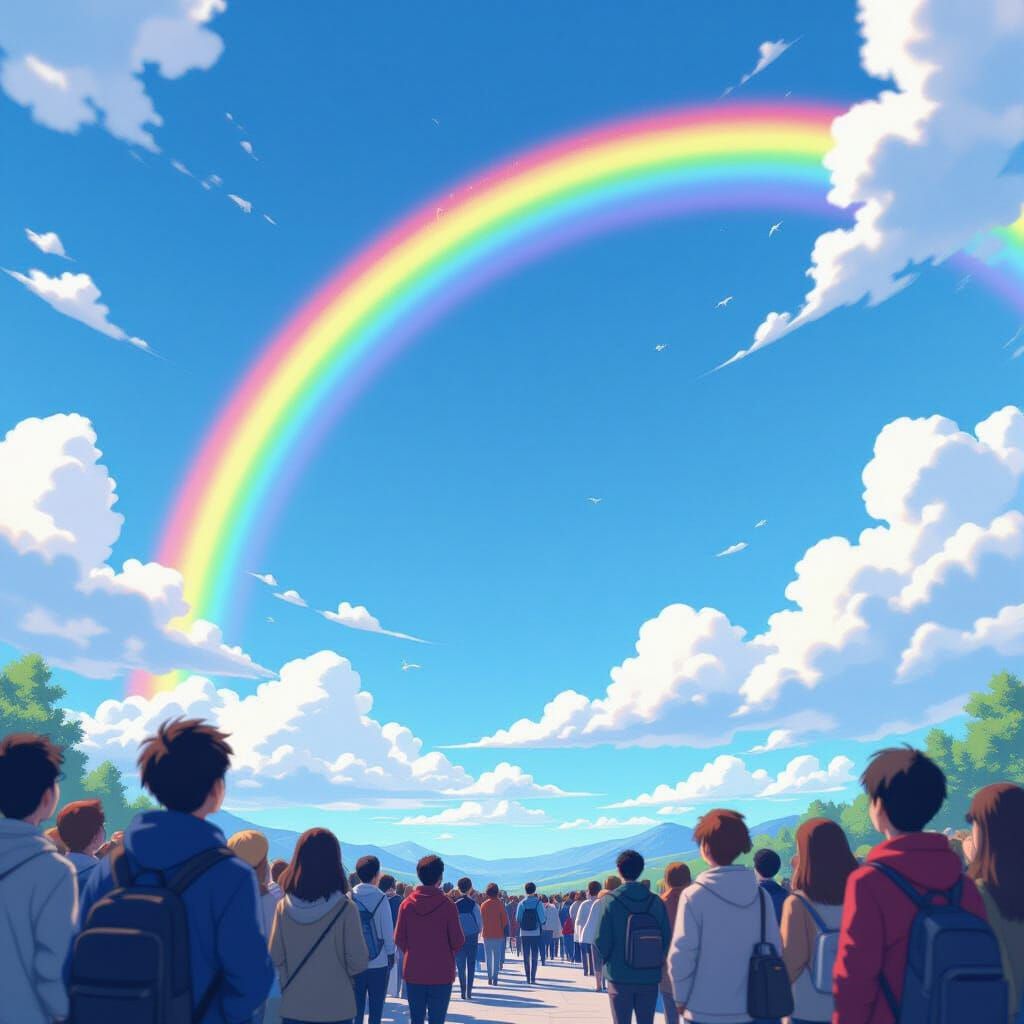 Vibrant Rainbow Overjoyed Crowd in 3D Anime Style