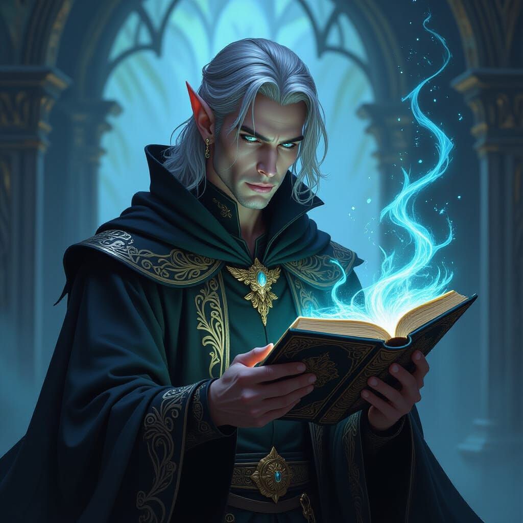 Male Elf Mage Casting Azure Magic from Ancient Tome