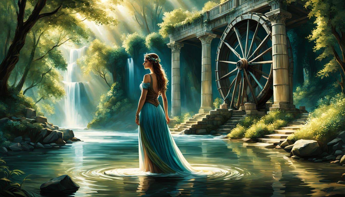 Ancient Greek Water Nymph Tending a Mythical Waterwheel
