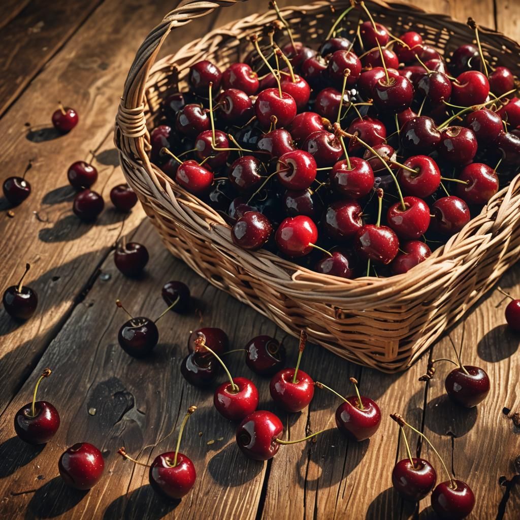 Hyperrealistic Cherries Still Life in Golden Hour Lighting