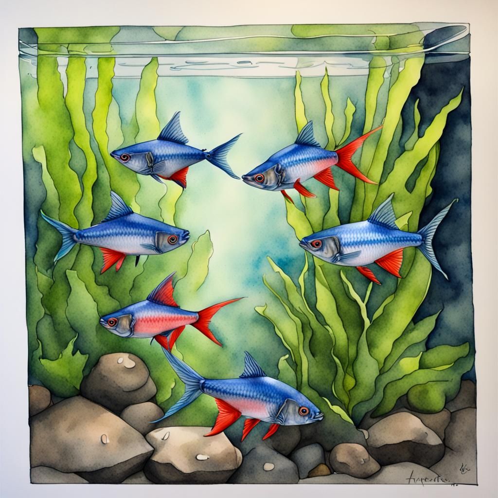 Hyperrealistic Watercolor Neon Tetras in Aquarium