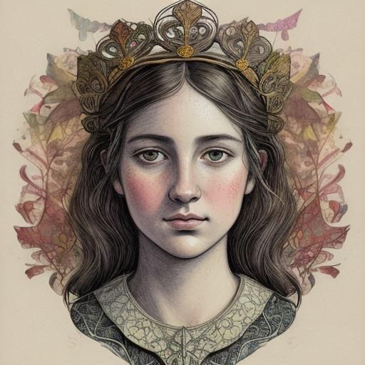 Regal Child Princess with Raven, Mixed-Media Collage