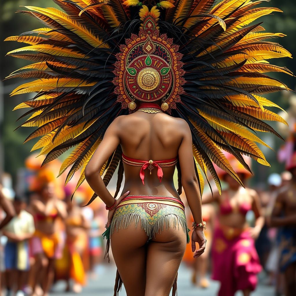 Brazilian Carnival Dancer in Elaborate Feathered Headdress