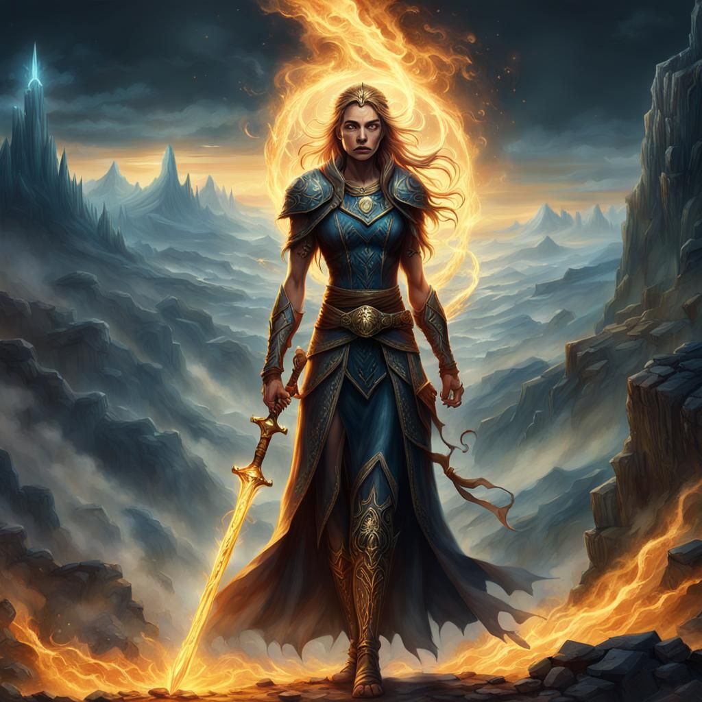 Powerful Sorceress Amidst Dark Landscape in Epic Fantasy