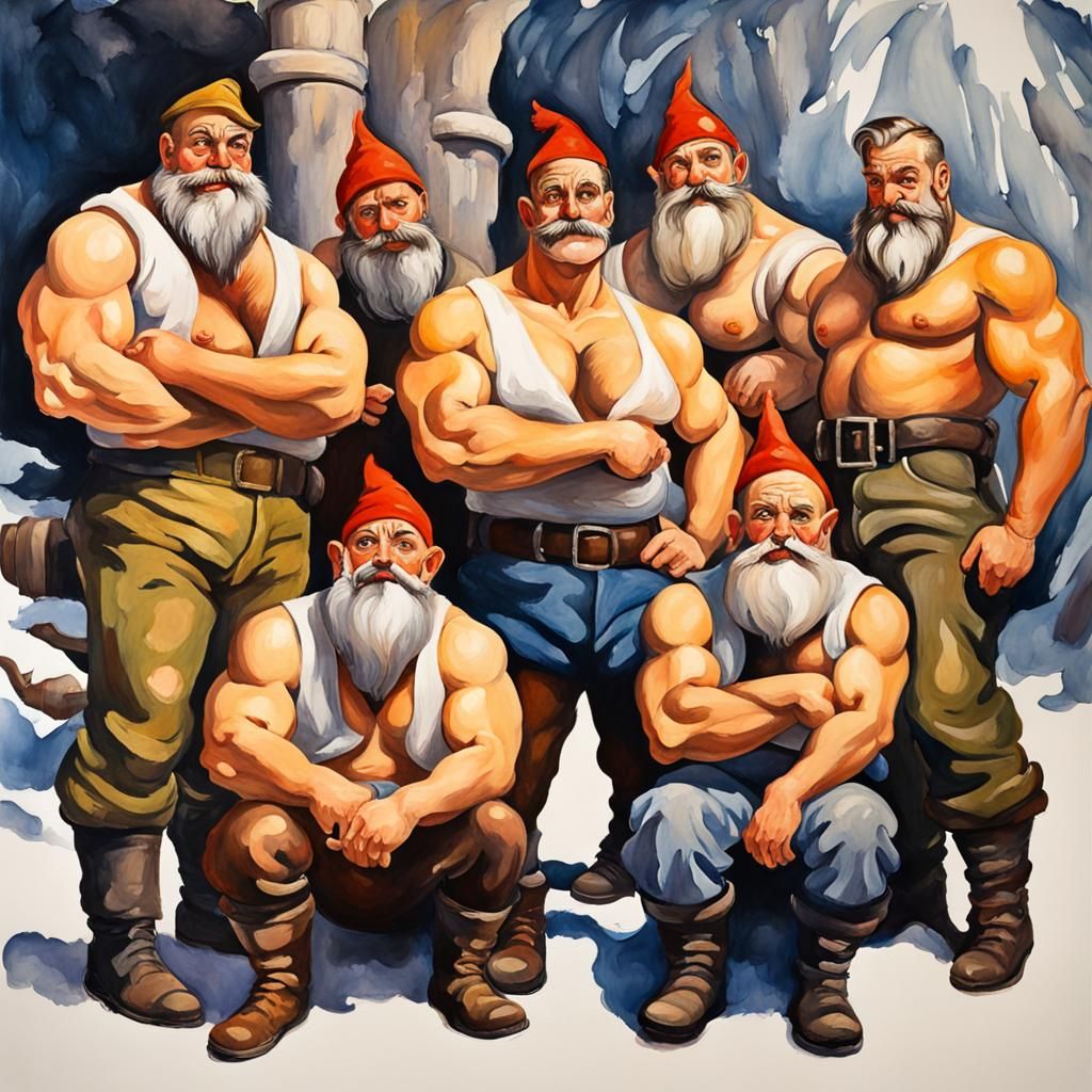 The Seven Dwarves in Gouache Watercolor Style