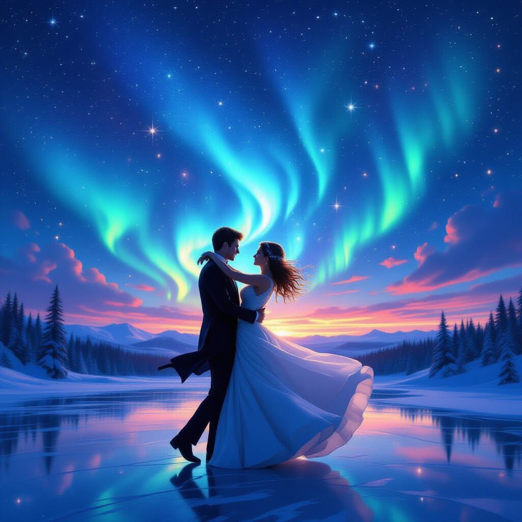 Celestial Dance: Newlyweds Under the Aurora