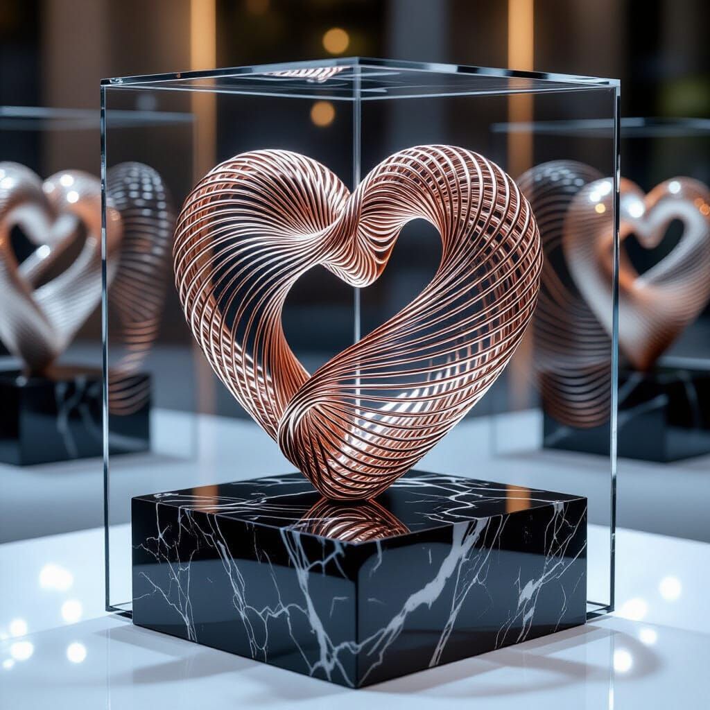 Wire Heart Sculpture in Glass Case, Surreal 3D Render