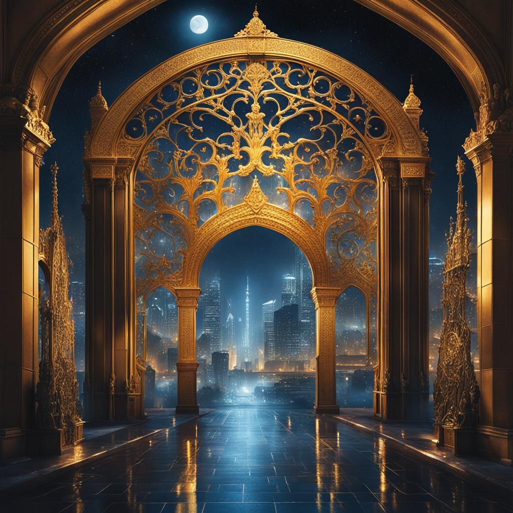 Celestial Gateway to Shimmering Realms at Night