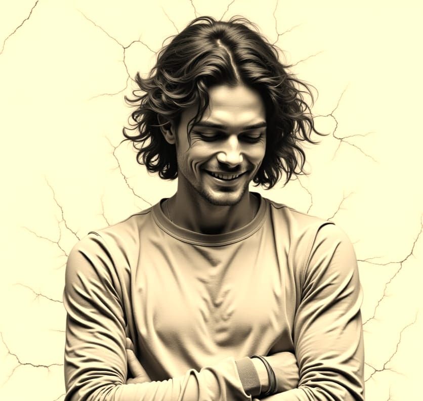 Monochrome Portrait of a Smiling Man with Cracked Texture