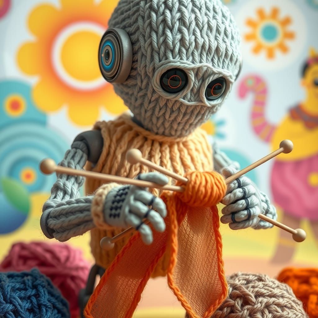 Wool Robot Knitting: A Whimsical Storybook Scene