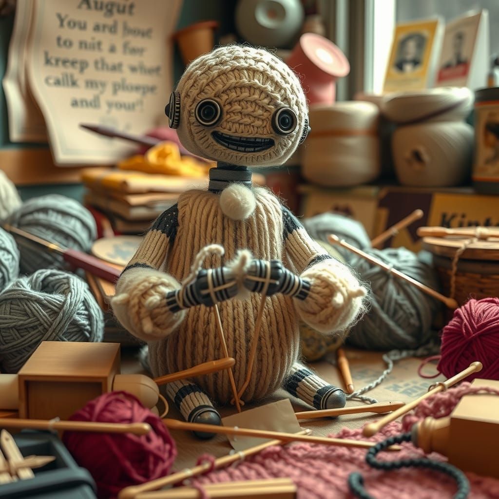 Knitted Robot Crafts Companion in Cozy Workshop