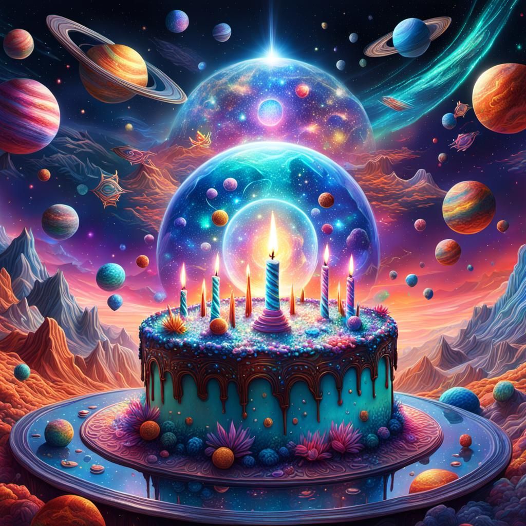 Cosmic Holographic Birthday Illustration in Mixed Media