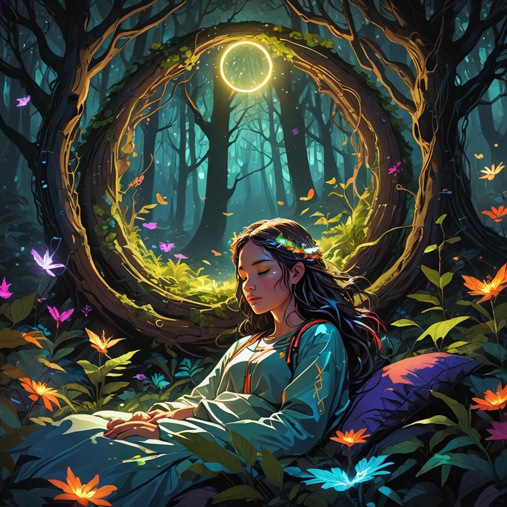 Girl Sleeps in Magic Forest with Digital Halo