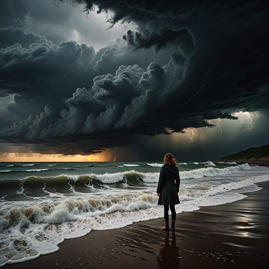 Woman Standing on Shore, Gazing at Approaching Cyclone