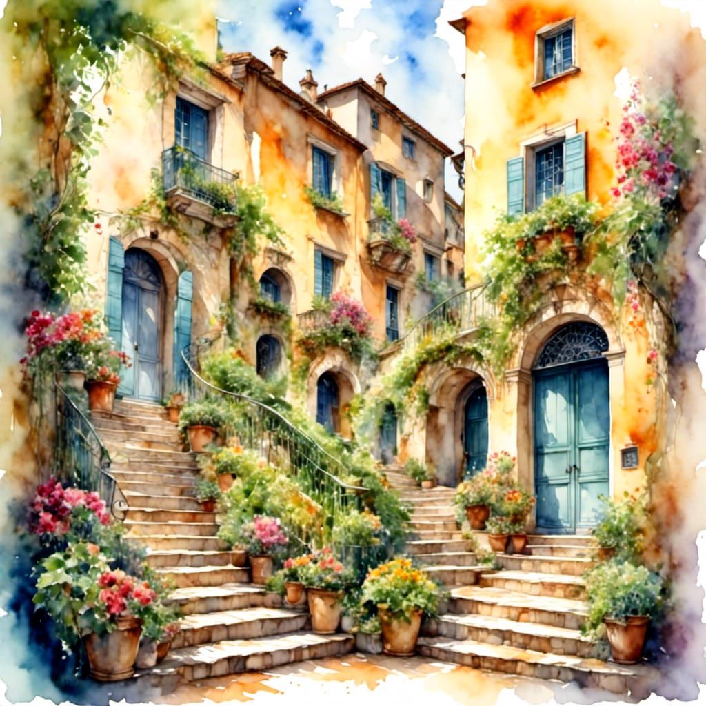 Impressionist Village Scene with Stone Staircase and Flowers