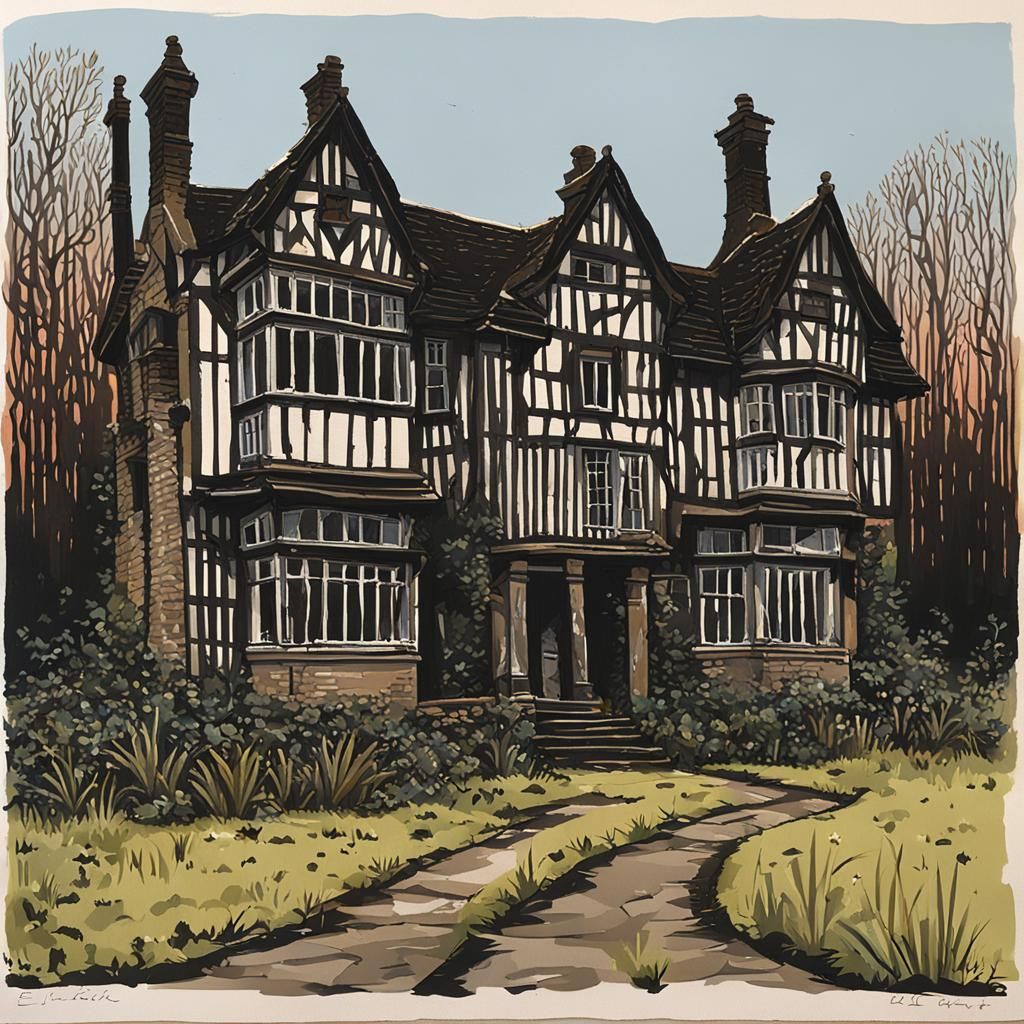 Derelict Elizabethan Manor House Linocut