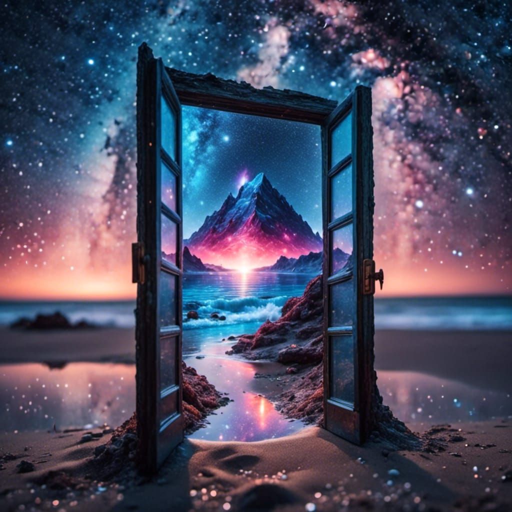 Glass Door Reflecting Galaxy on Beach
