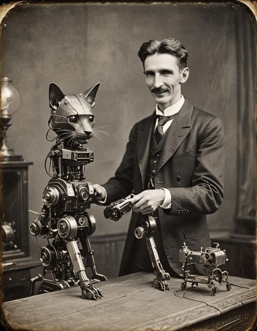 Nikola Tesla and His Robotic Cat: Retro Photo