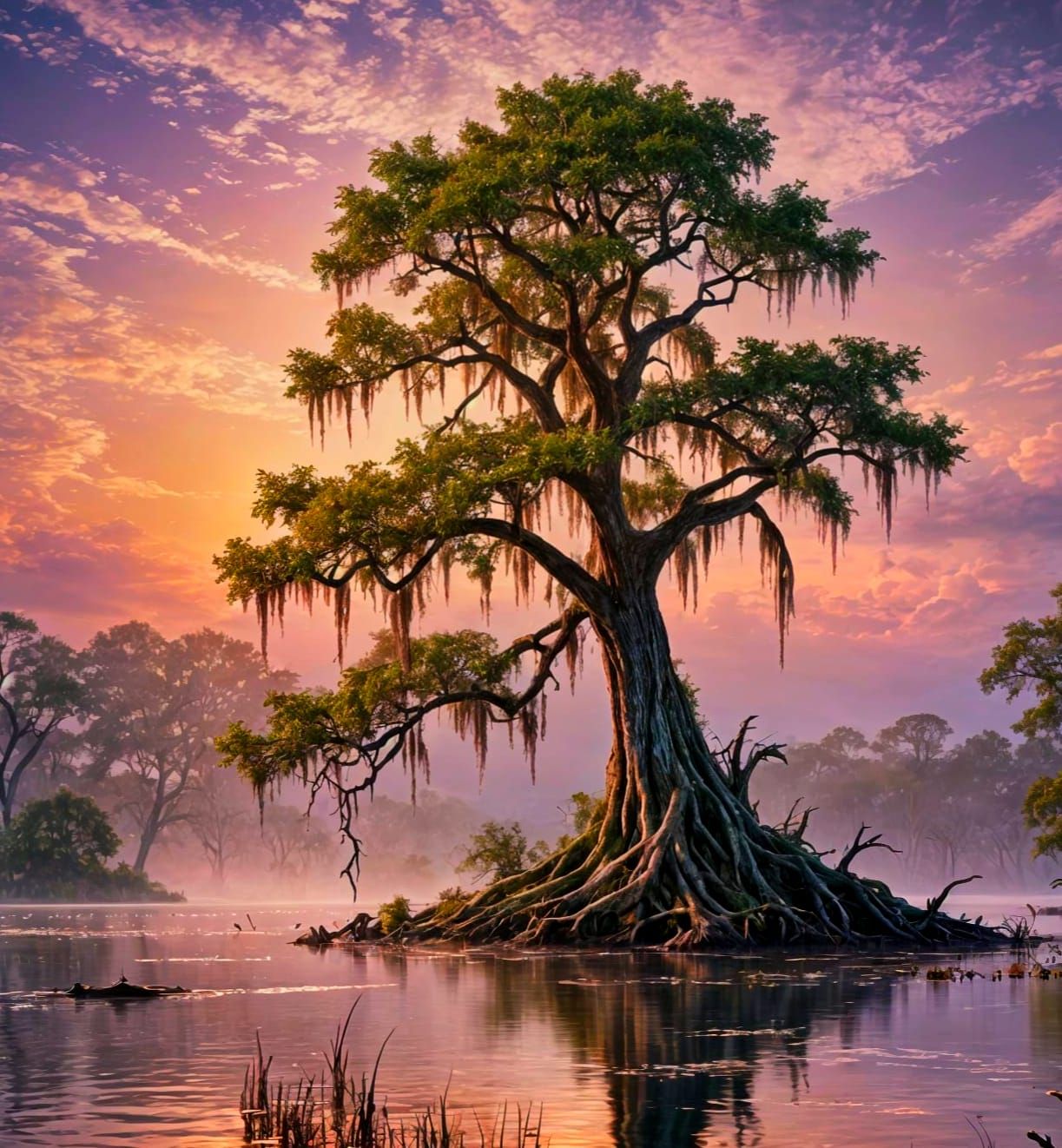 Hyperrealistic Bayou Sunset in Vibrant Splash Art Style