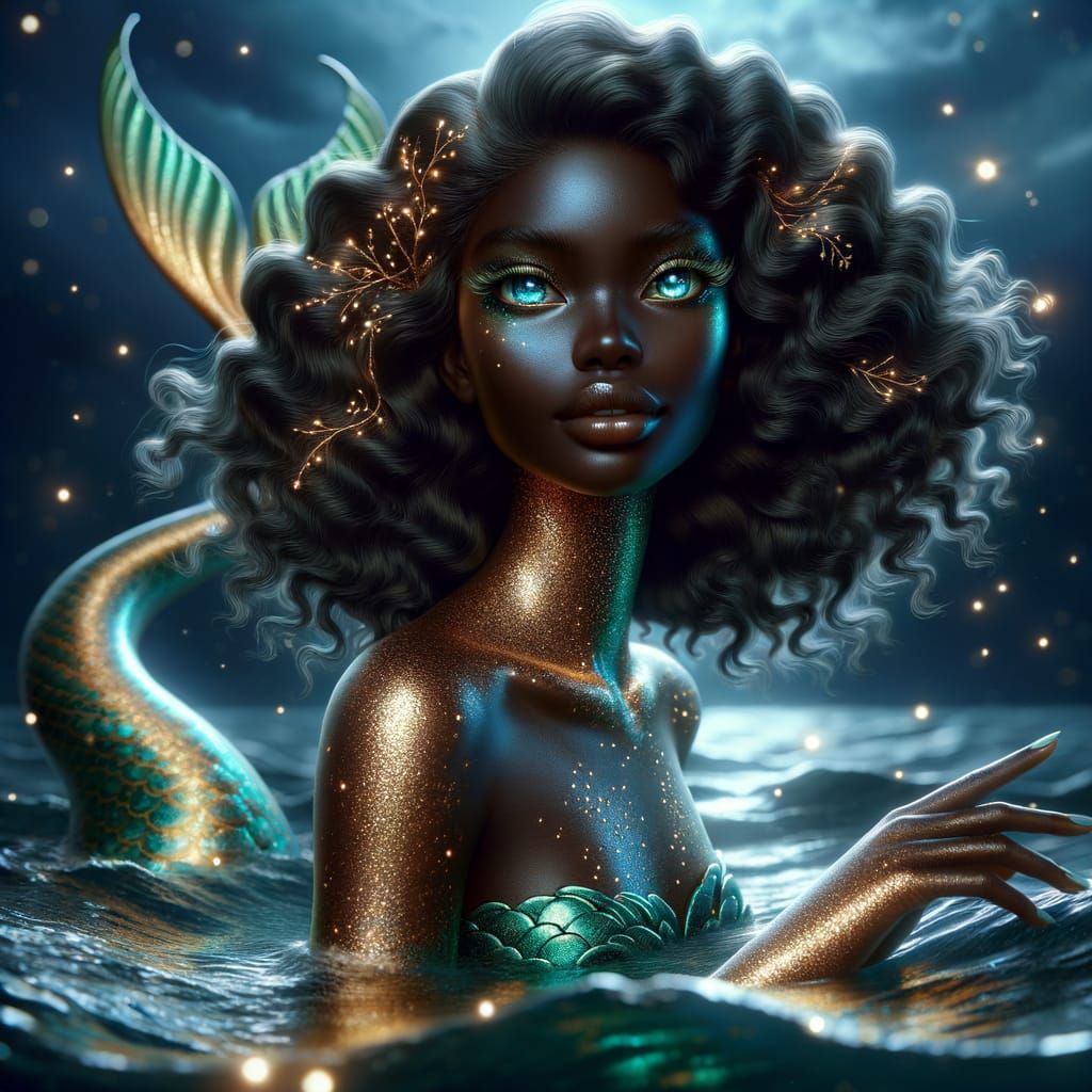 Majestic African Mermaid in Moonlit Ocean Waves