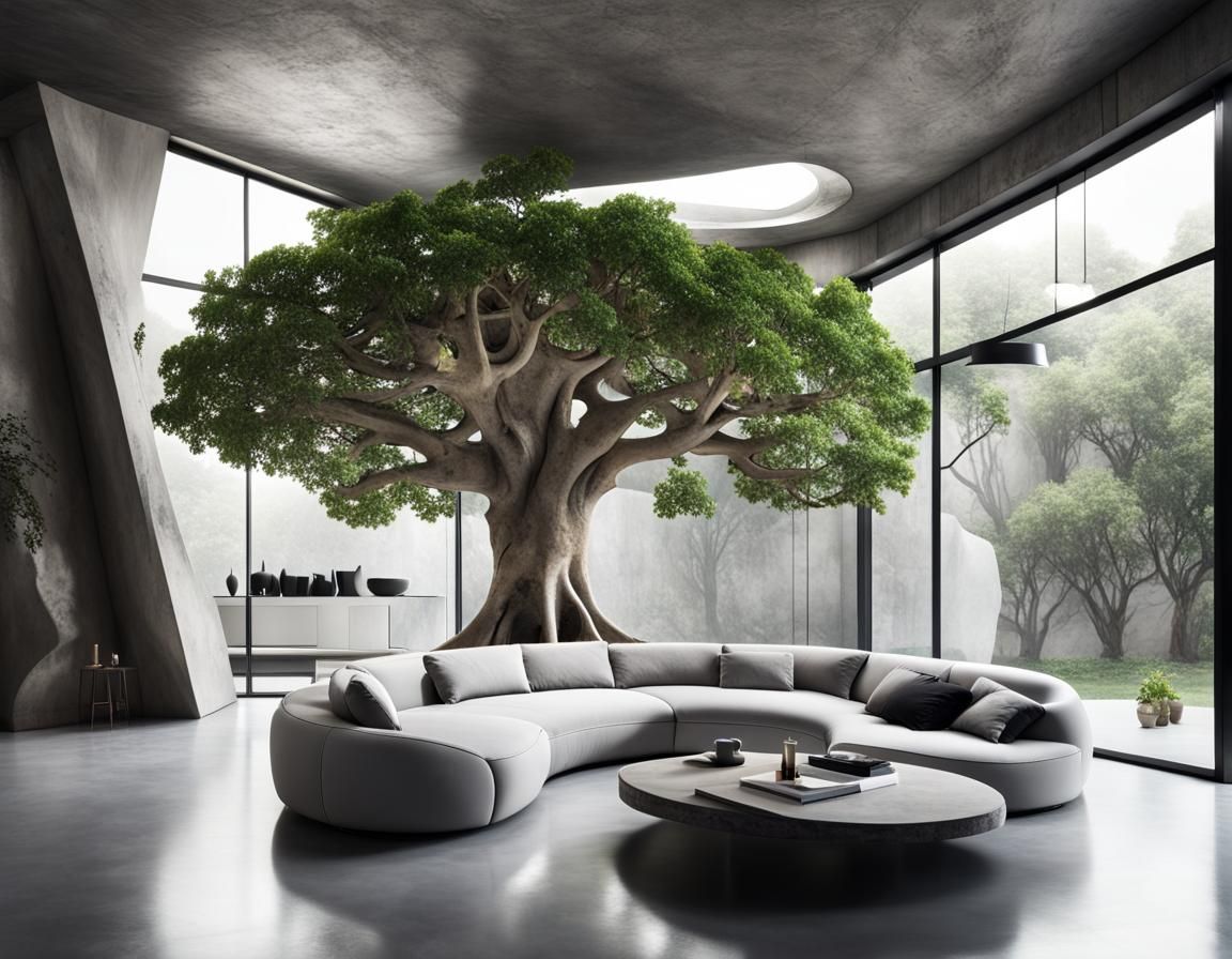 Futuristic Room Built Around Majestic Fig Tree