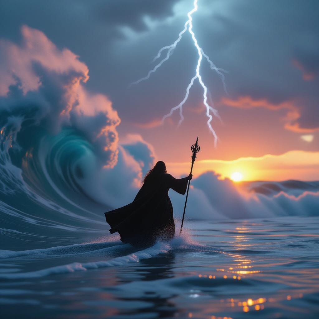 Epic Wave Split with Tiny Figure, Cinematic Film Still