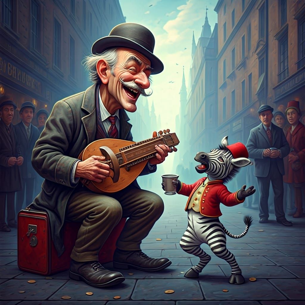 Sinister Hurdy-Gurdy Man and Zebra-Boy in Oil Pastel