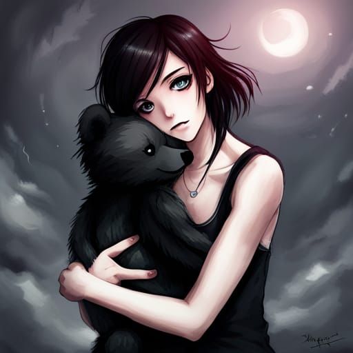 Anime Goth Girl with Monochrome Teddy Bear