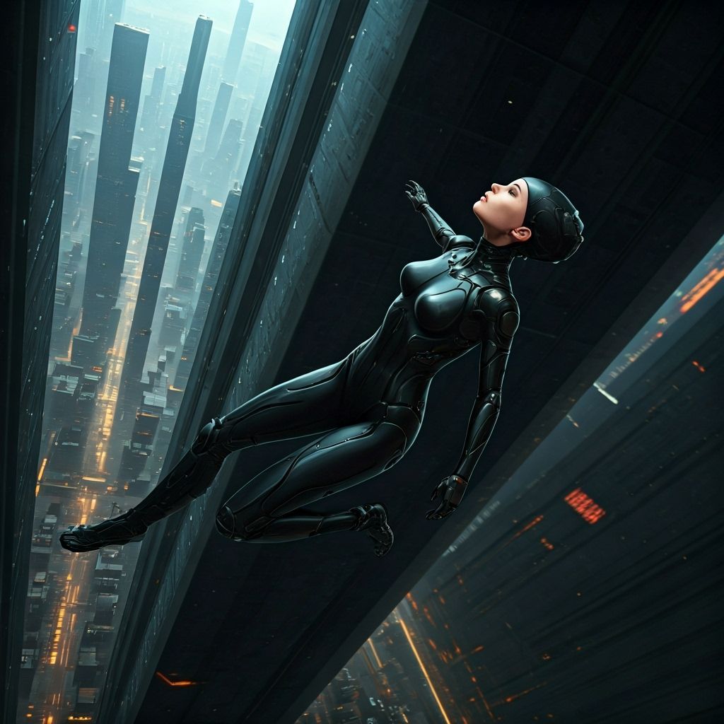 Cyborg Falling from Skyscraper in 3D Anime Style