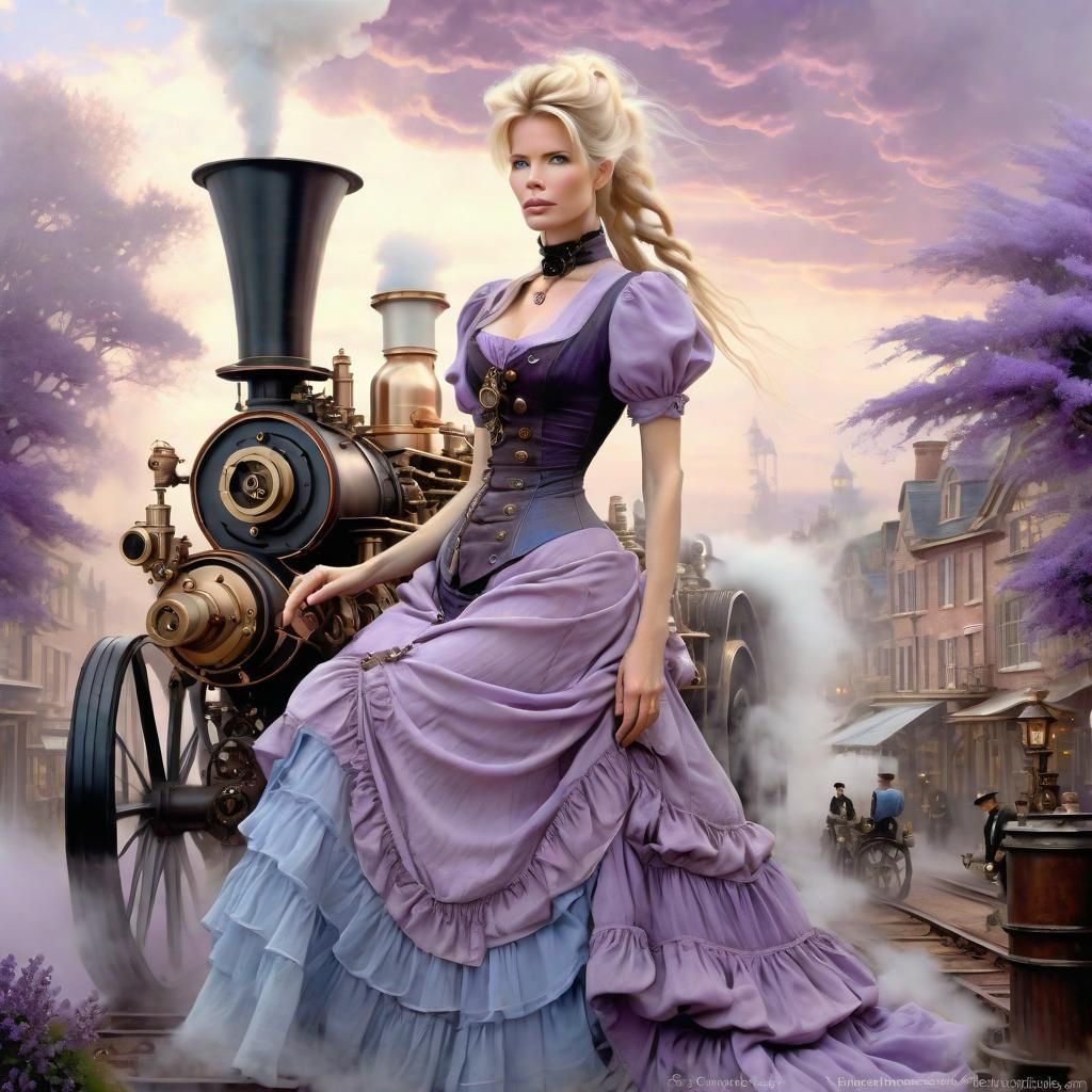 Claudia Schiffer in Belle Epoque clothes in a Steampunk world , Lilac Dress, Soft Colors, Soft Texture, Long Blond braid...