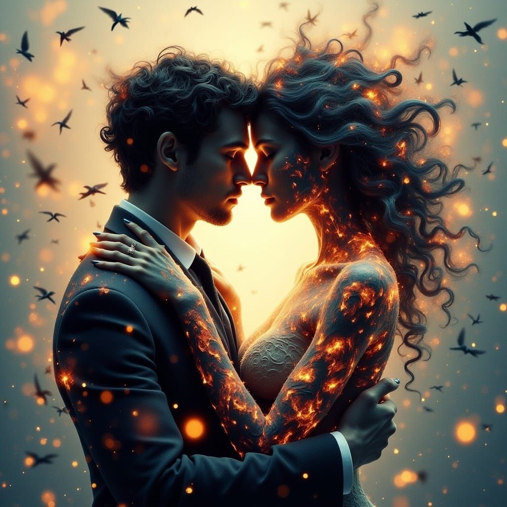 Cosmic Moment of Surrender in Double Exposure Illustration