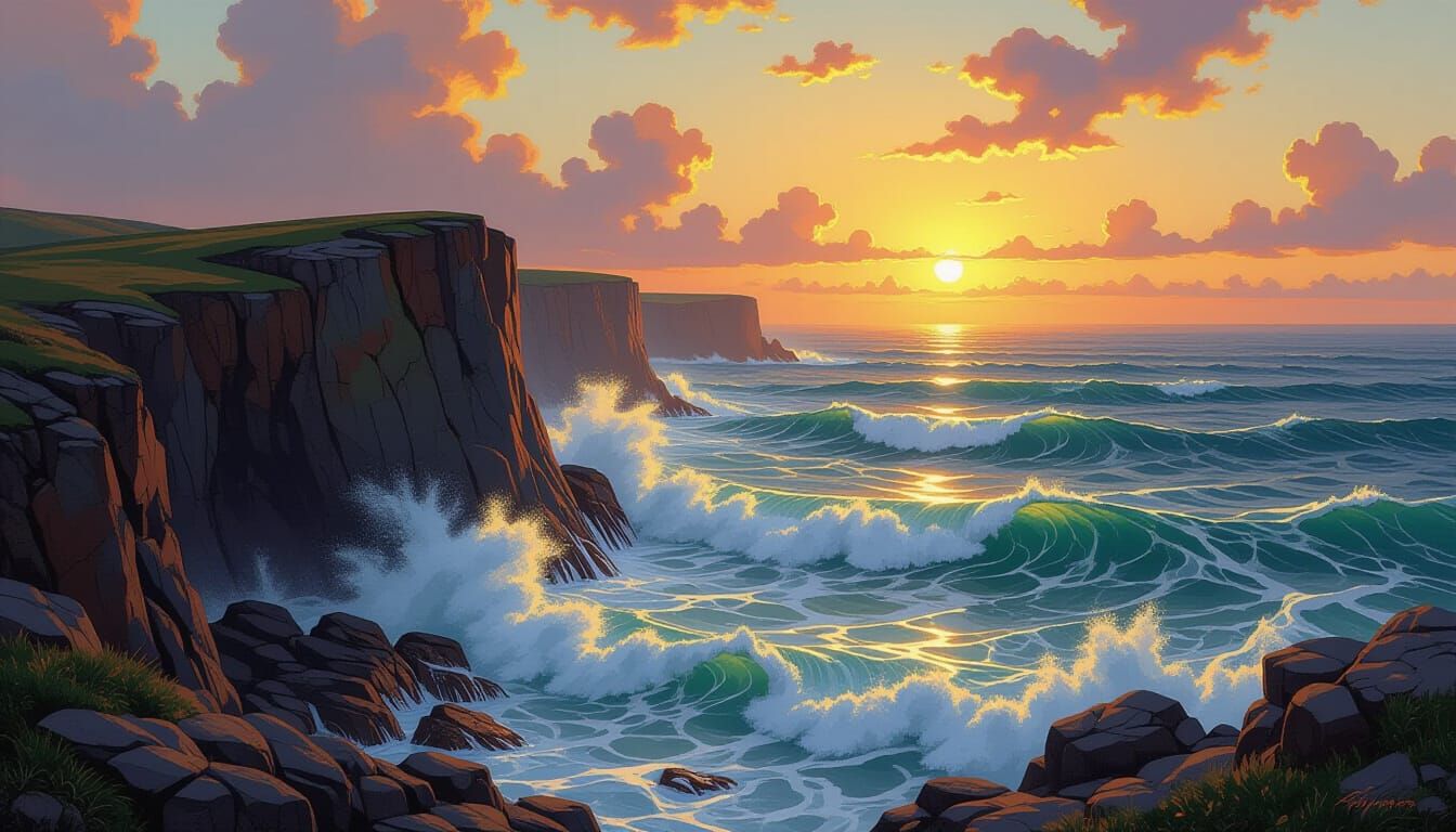 Coastal Cliffs at Sunset in Classical Style