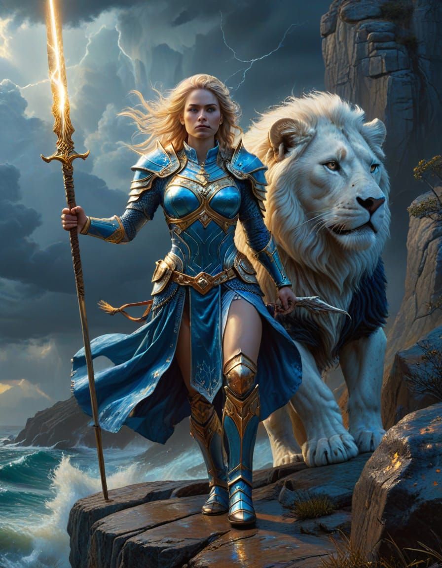 Warrior Queen with White Lion in Oil Painting Style