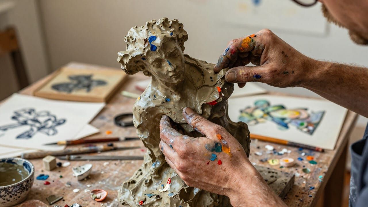 Artist's Hands Sculpting Abstract Form with Oil Paints and C...