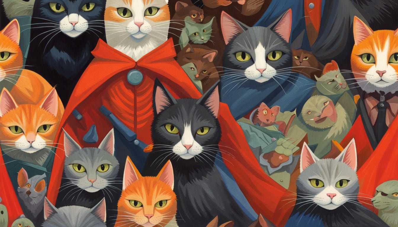 Caped Cats: Neighborhood Protectors in Gouache Style