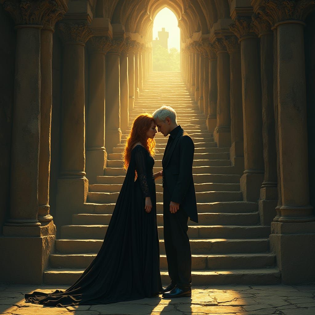 Ethereal Gothic Romance on a Mysterious Castle Staircase