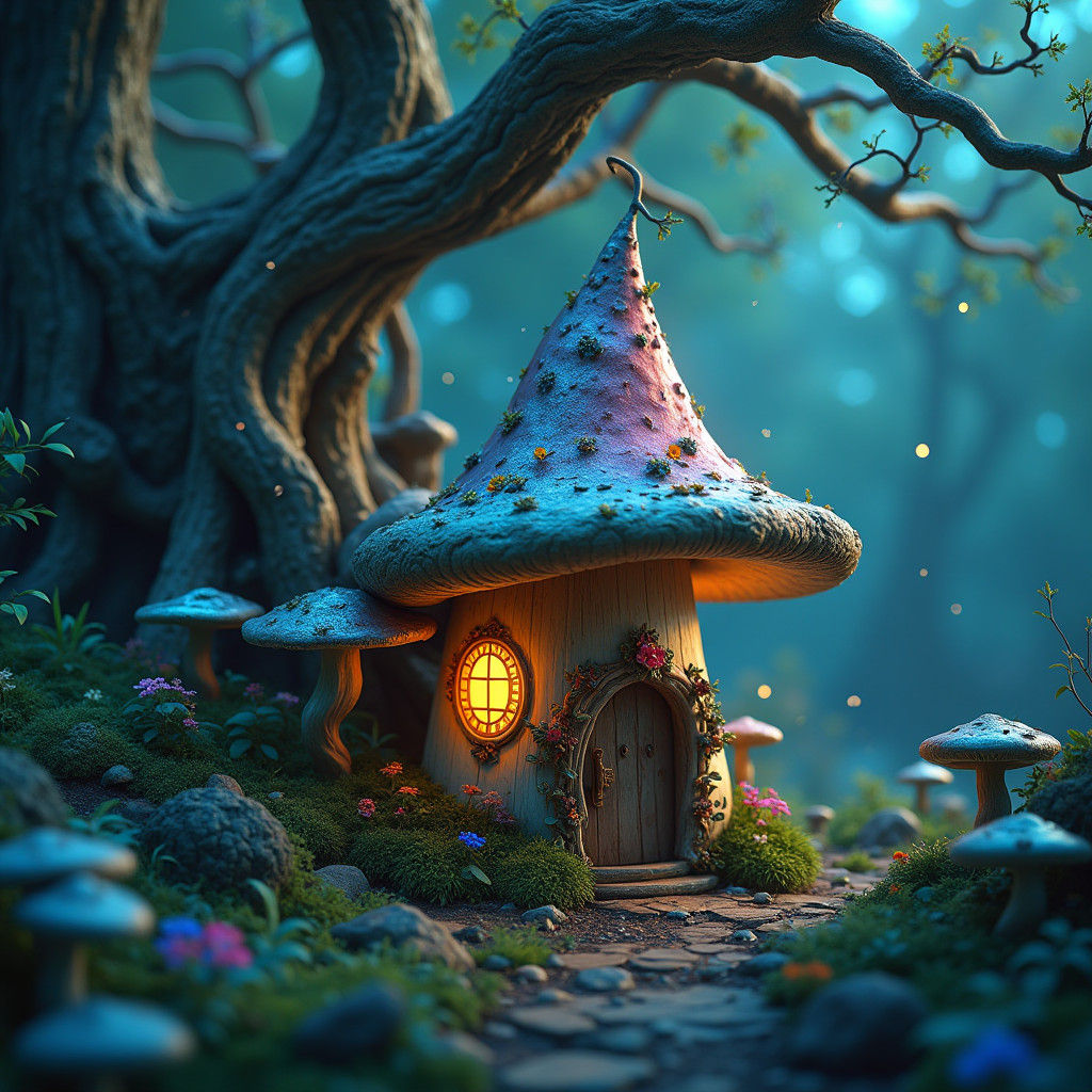 Fairy Mushroom House in Bioluminescent Forest