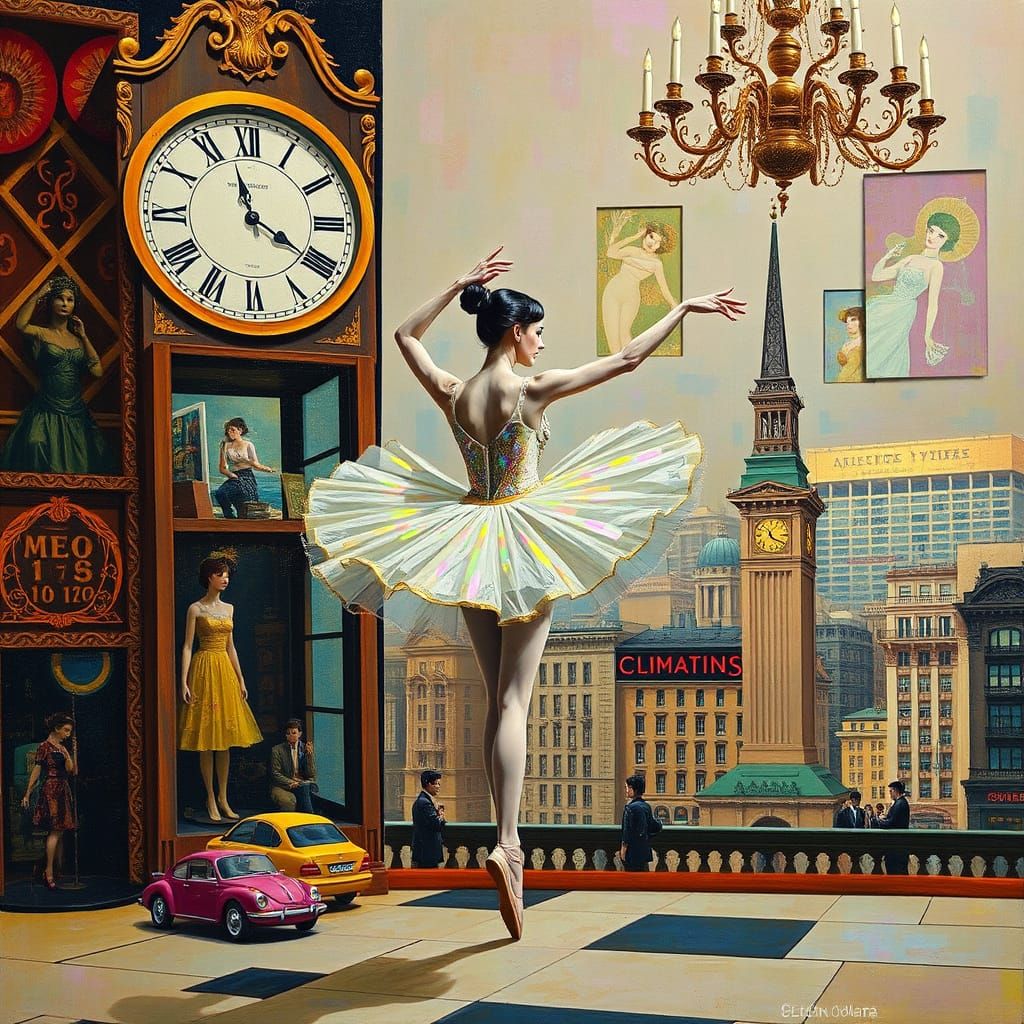 Ballerina in Iridescent Cityscape