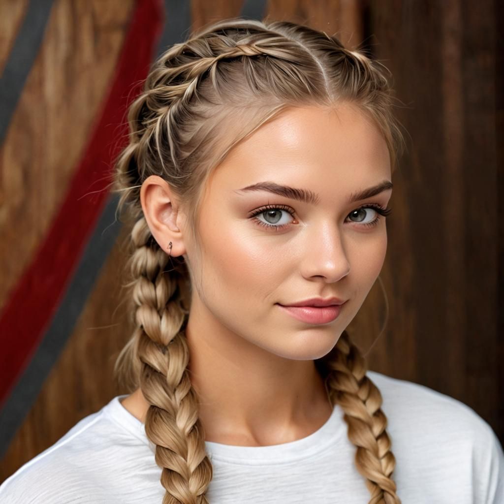Young woman dark blonde hair in French braids