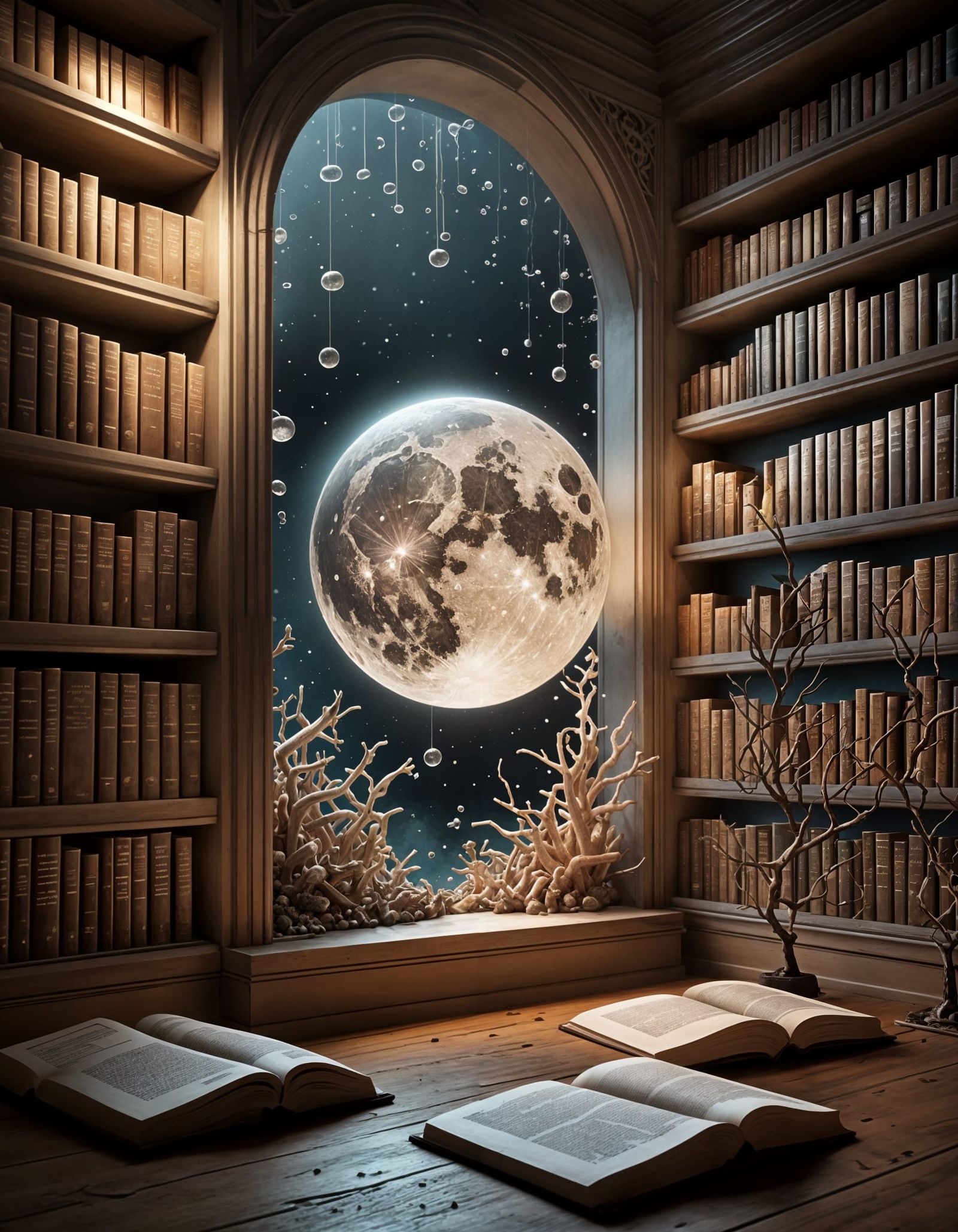 Surreal Bioluminescent Library with Coral and Glass