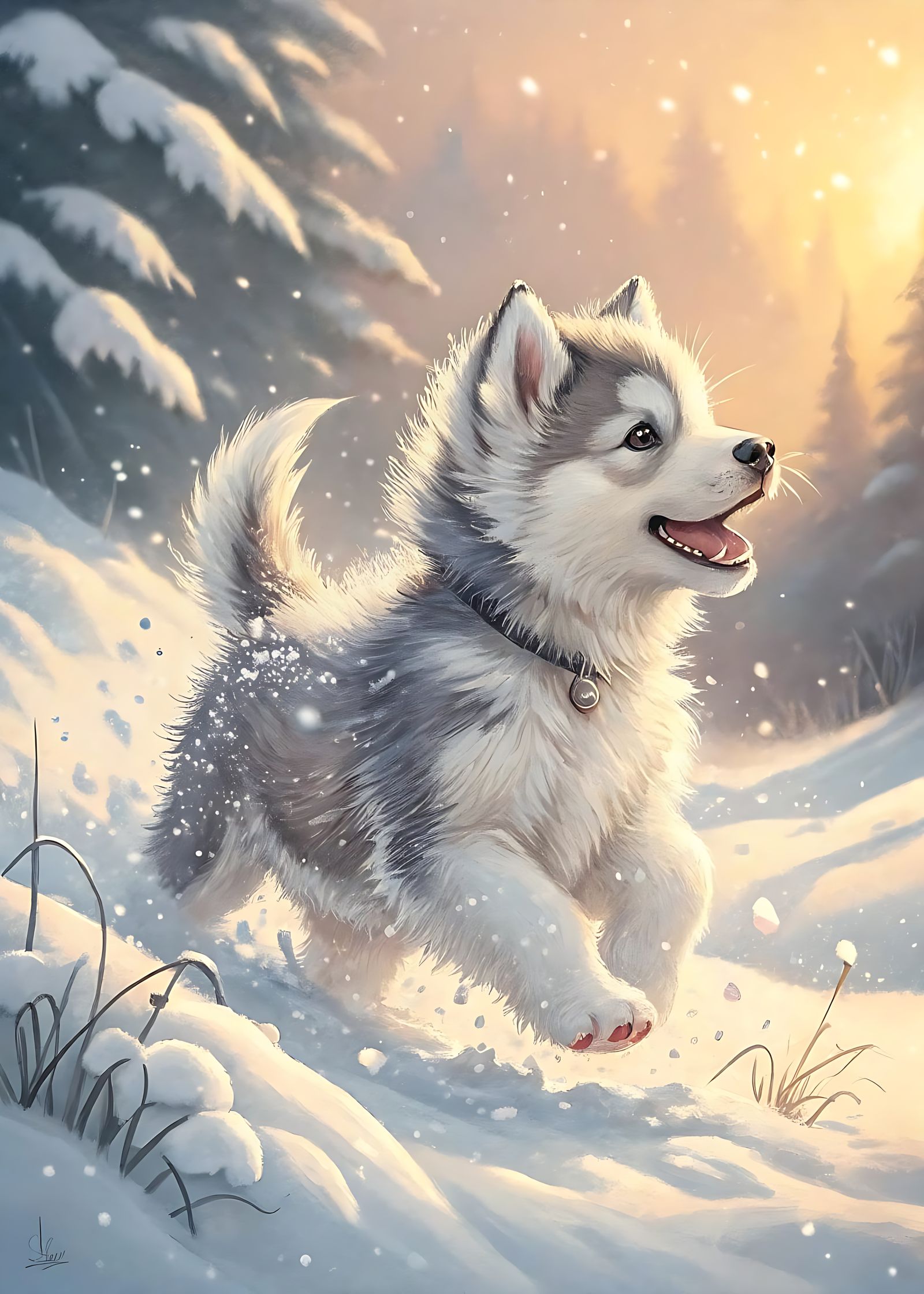 Joyful Husky Puppy in Snowy Landscape, Oil Painting