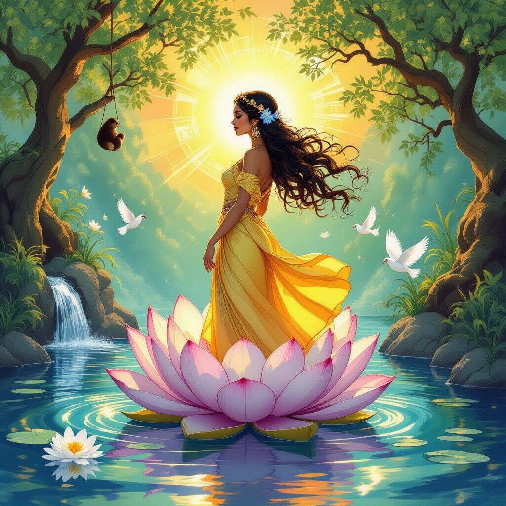 Woman Emerging from Lotus Flower, Art Nouveau Style