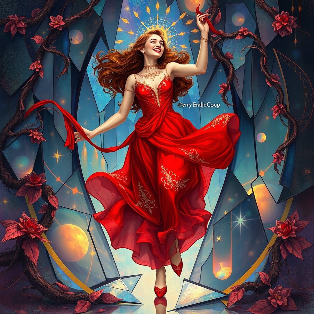 Dreamlike Lady in Crimson, Surrounded by Vibrant Prisms and ...