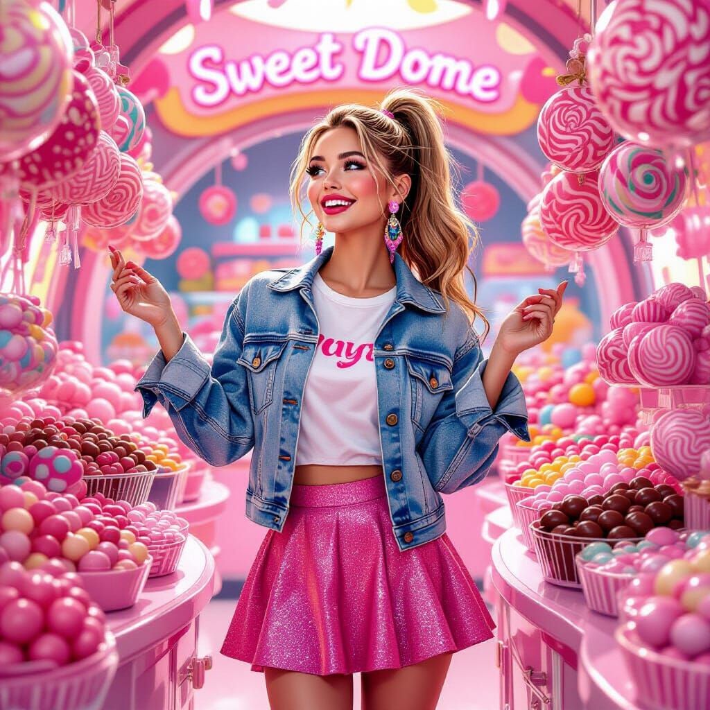 Woman in Sweet Dome Surrounded by Candy
