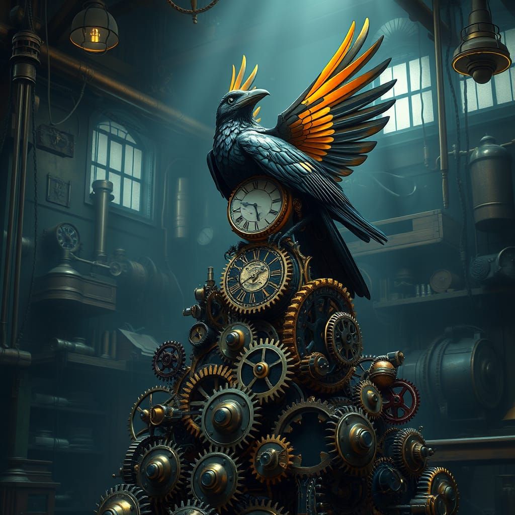 Clockwork Raven on Gears in Steampunk Style