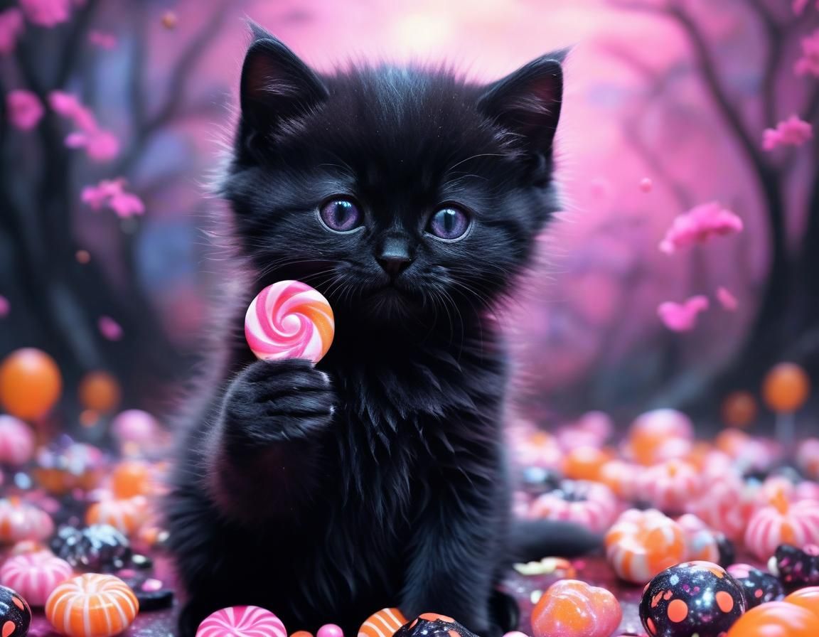 Fluffy Black Kitten with Halloween Candy