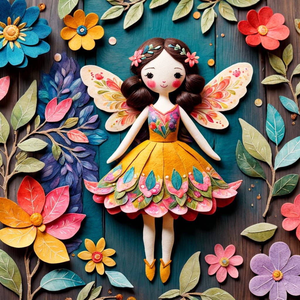 Whimsical Folk Art Fairy in Vibrant Gouache Colors