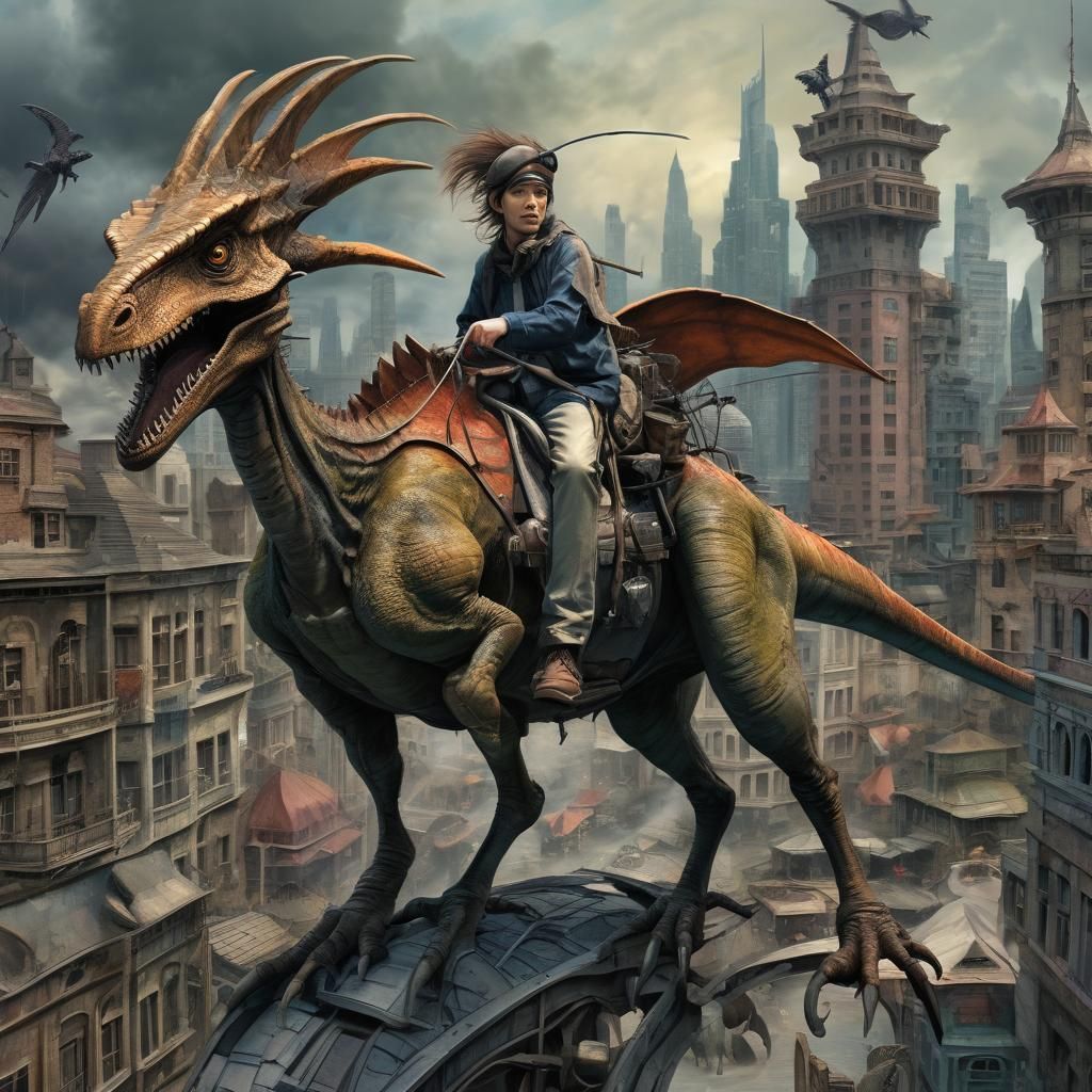 Dinosaur Rider in Dystopian City, Fine Art Illustration