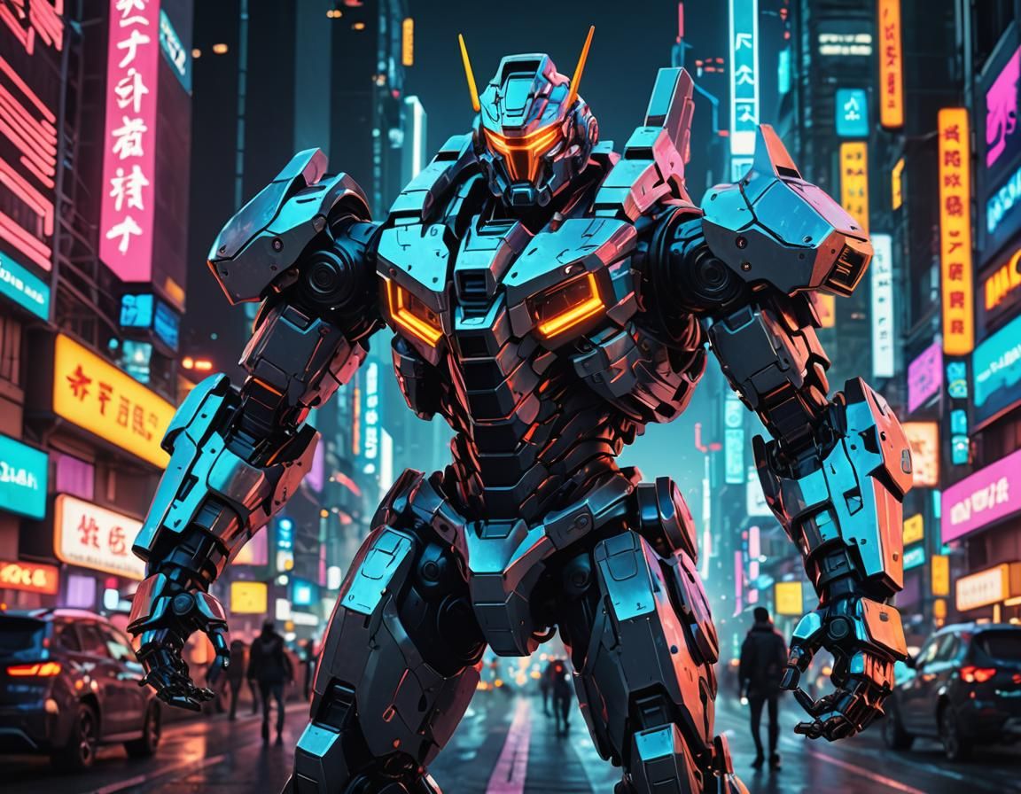 Mecha Warrior in Futuristic Anime Cityscape